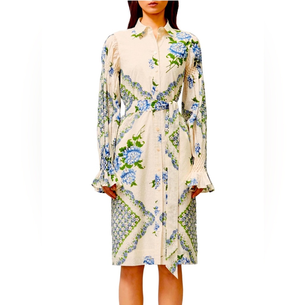 Tory Burch Printed Cotton Shirt Dress Blue Floral Clouds New Without Tags 00